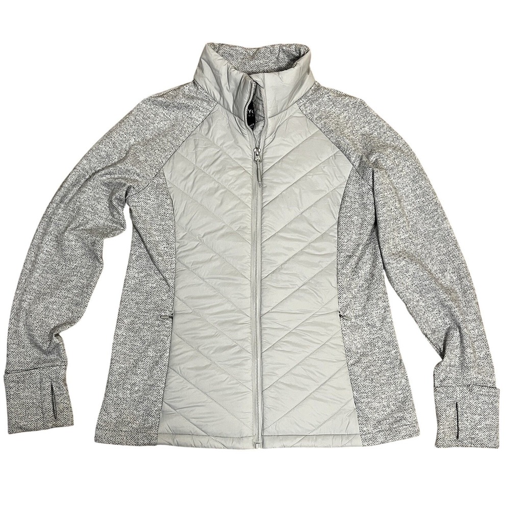 Kyodan Quilted Puffer Hybrid Jacket Womens M Gray Full Zip Fleece Sleeve Outdoor